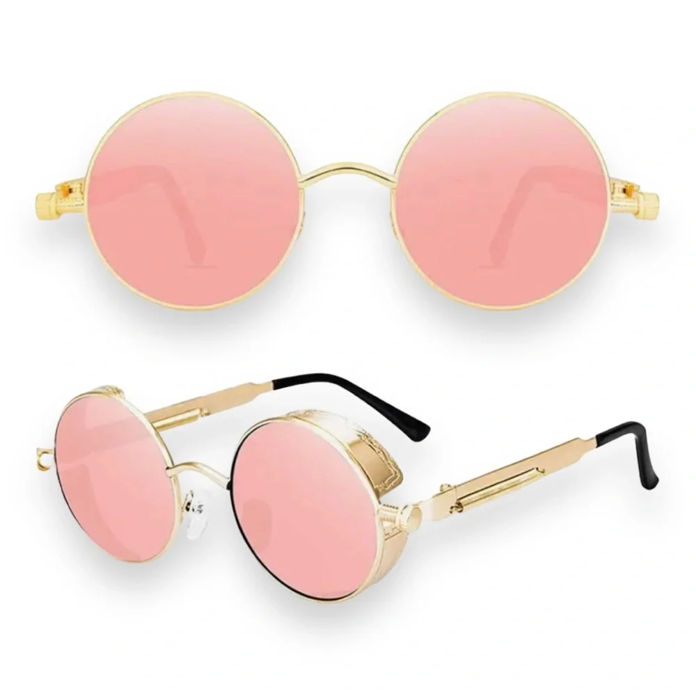 Unisex Round Steampunk Retro Frame Polarized Sunglasses Pink Lens UV400 - Picture 1 of 13